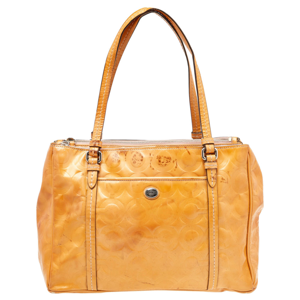 Coach Tan Patent Leather Peyton Op Art Double Zip Satchel