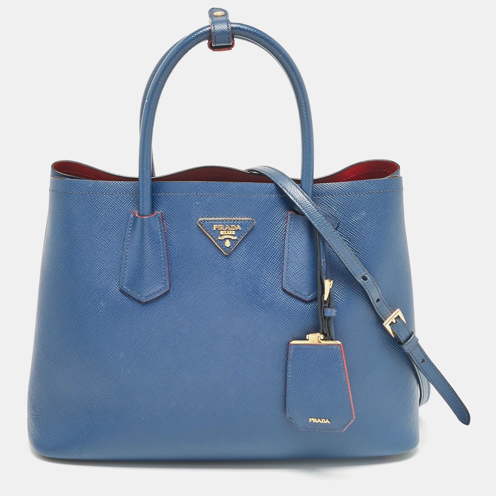 Prada Blue Saffiano Cuir Leather Medium Double Handle Tote