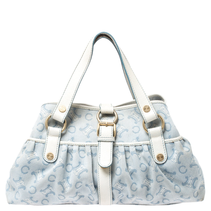 Celine Blue/White Monogram Canvas and Leather Satchel