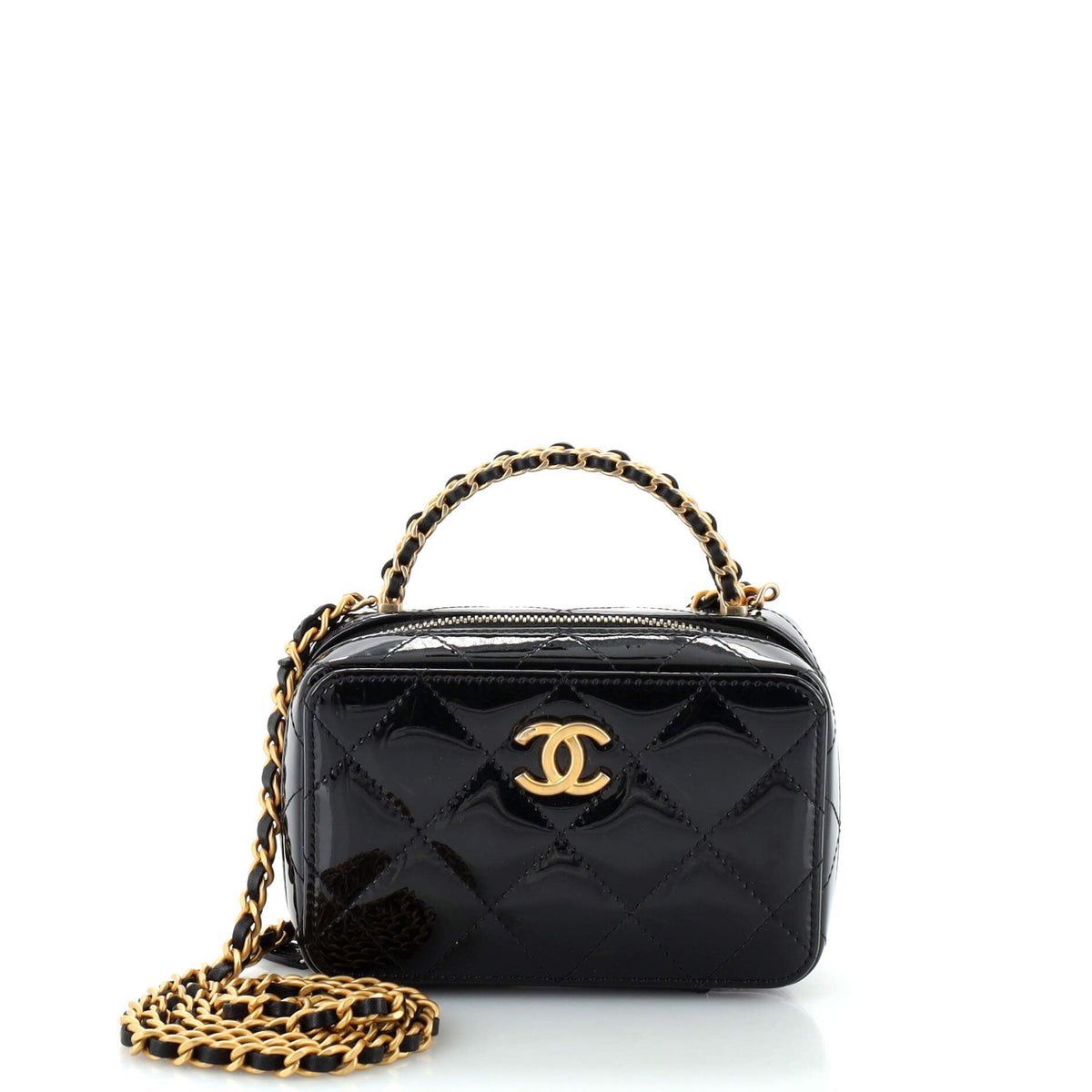 Chanel CHANEL Woven Chain Top Handle Vanity Case Quilted Patent Mini
