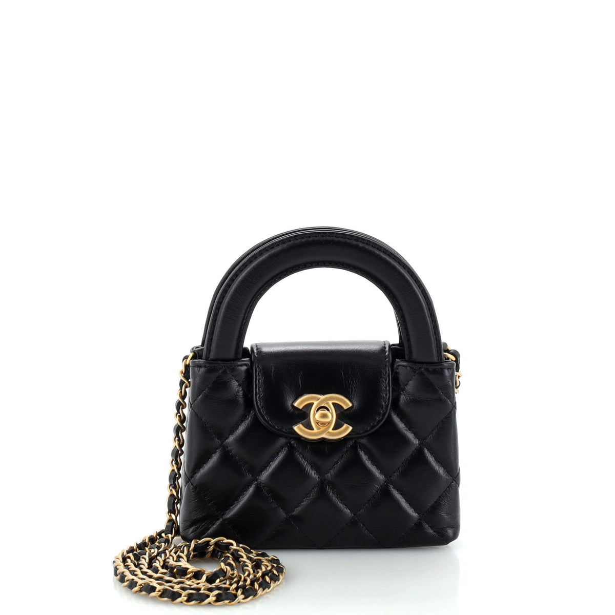 Chanel CHANEL Kelly Top Handle Clutch with Chain Quilted Shiny Aged Calfskin