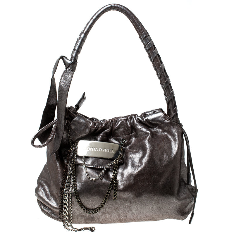 Silver Leather Chain Embellished Shoulder Bag