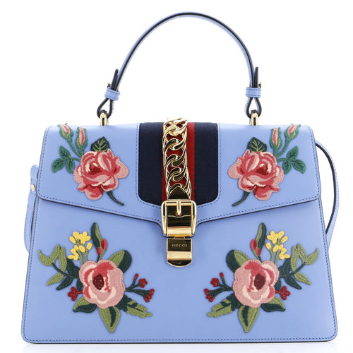 GUCCI Sylvie Top Handle Bag Embroidered Leather Medium