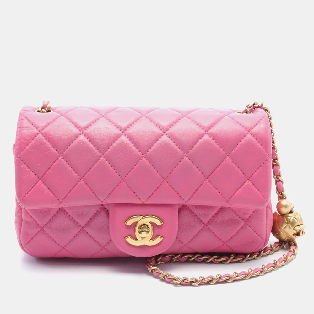 Mini sac à rabat en cuir rose avec perles CC