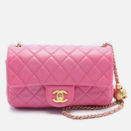 Pink Leather CC Pearl Crush Mini Flap Bag