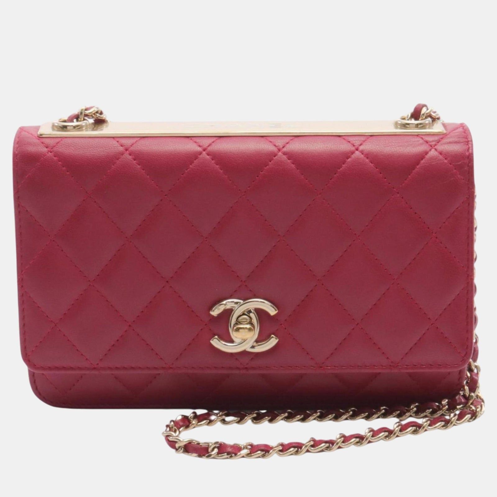 Chanel Rote Geldbörse aus Lammleder mit Matelasse-Kette