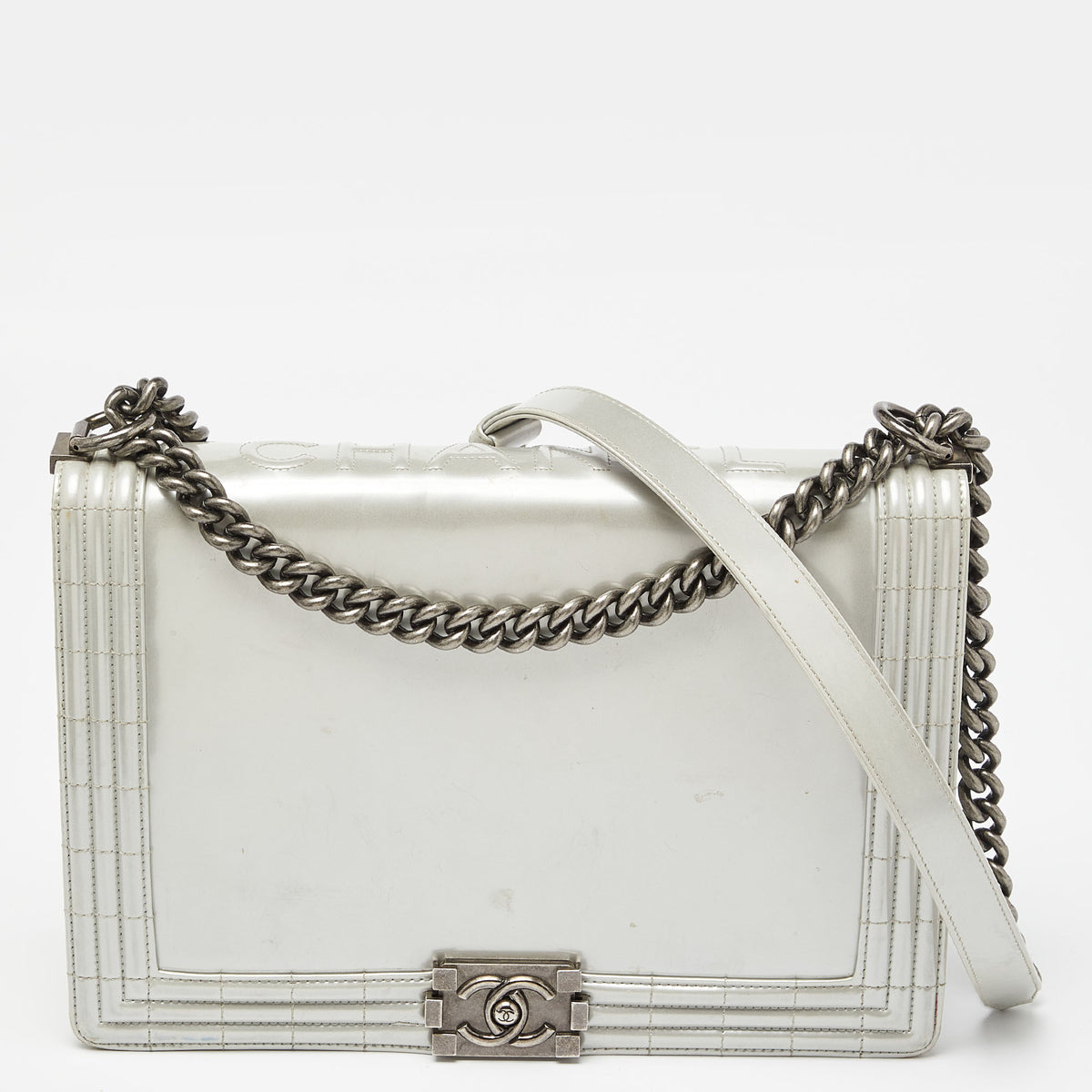 Chanel Grey Patent Leather Large Reverso Boy Flap Bag