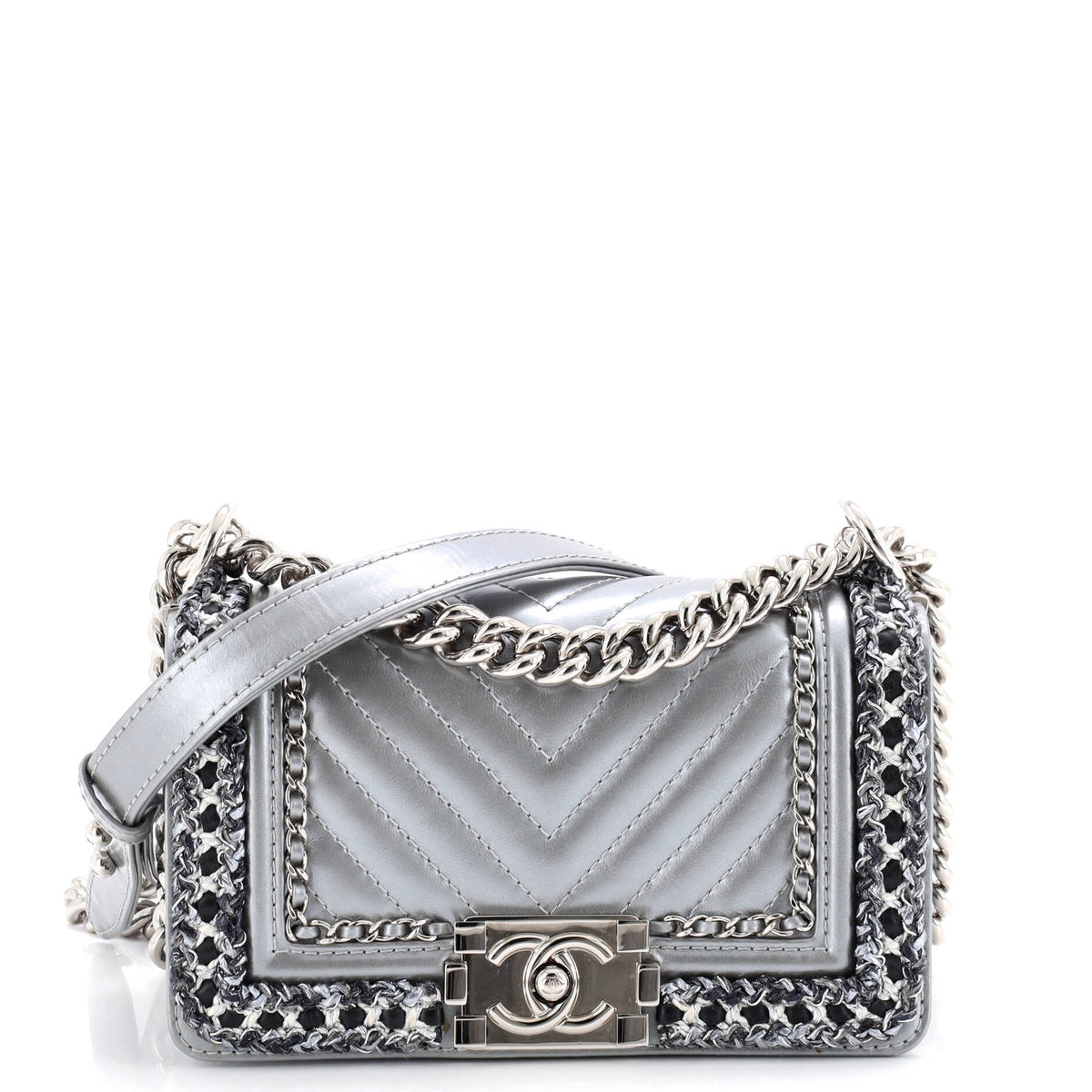 Chanel CHANEL Jacket Boy Flap Bag Chevron Calfskin with Tweed Small