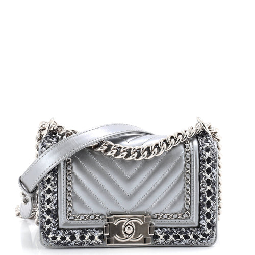 CHANEL Jacket Boy Flap Bag Chevron Calfskin with Tweed Small