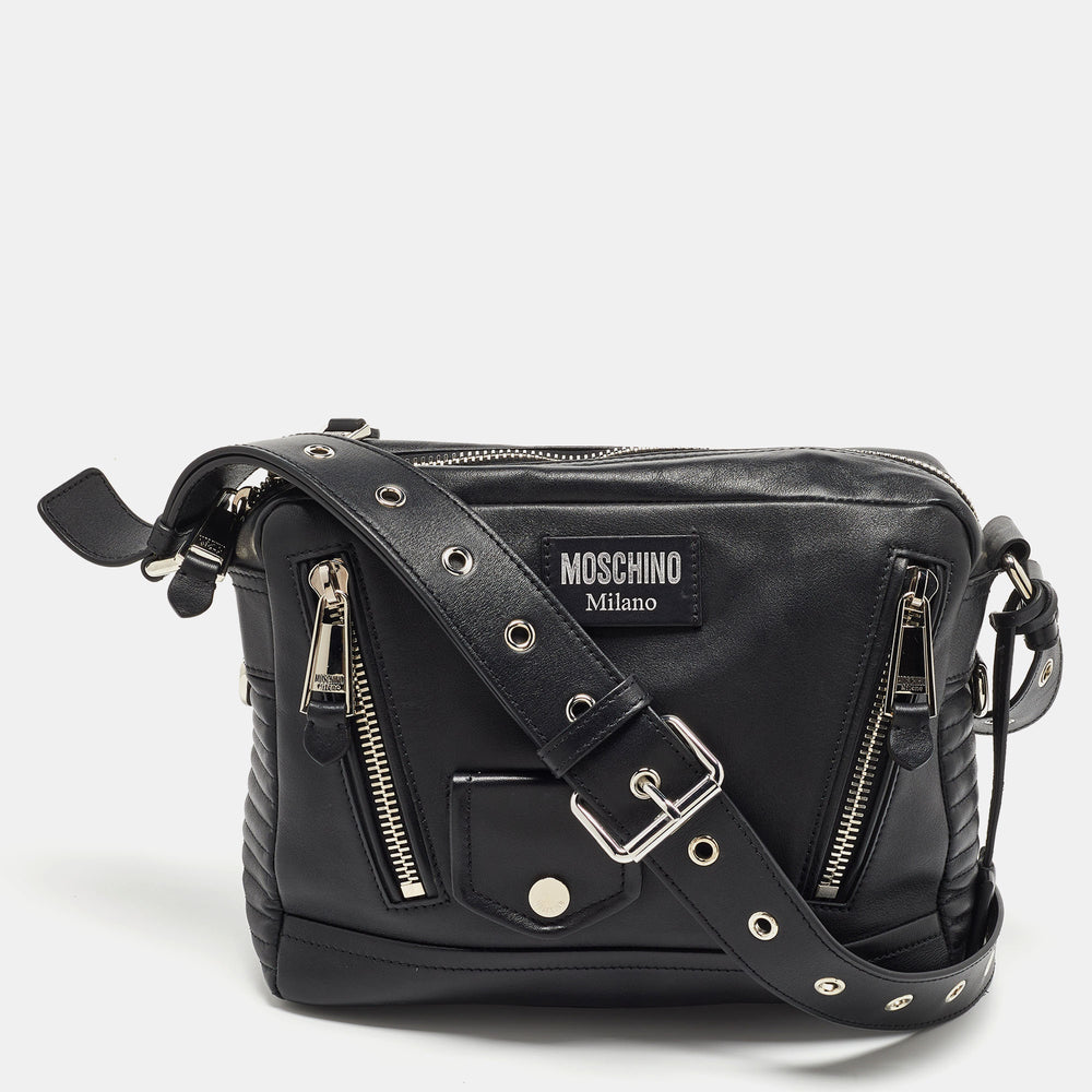 Black Leather Multi Zip Shoulder Bag