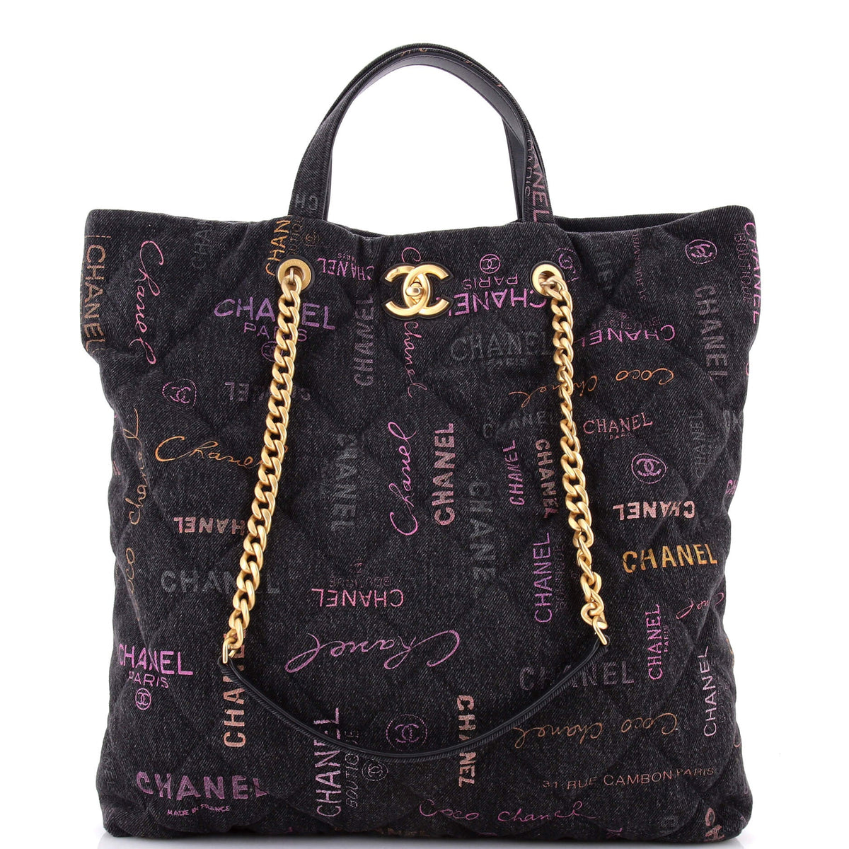 Chanel CHANEL Denim Mood Shopping Tote Logo Printed Quilted Denim Maxi