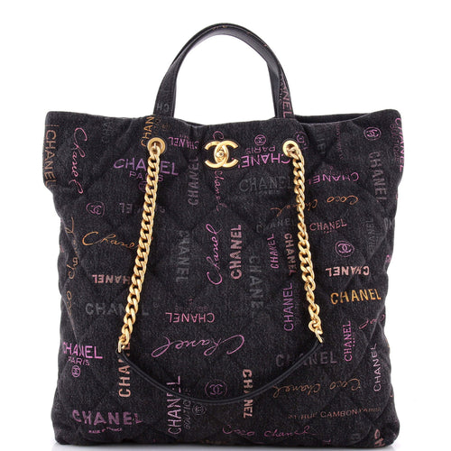 CHANEL Denim Mood Shopping Tote Logo Printed Quilted Denim Maxi