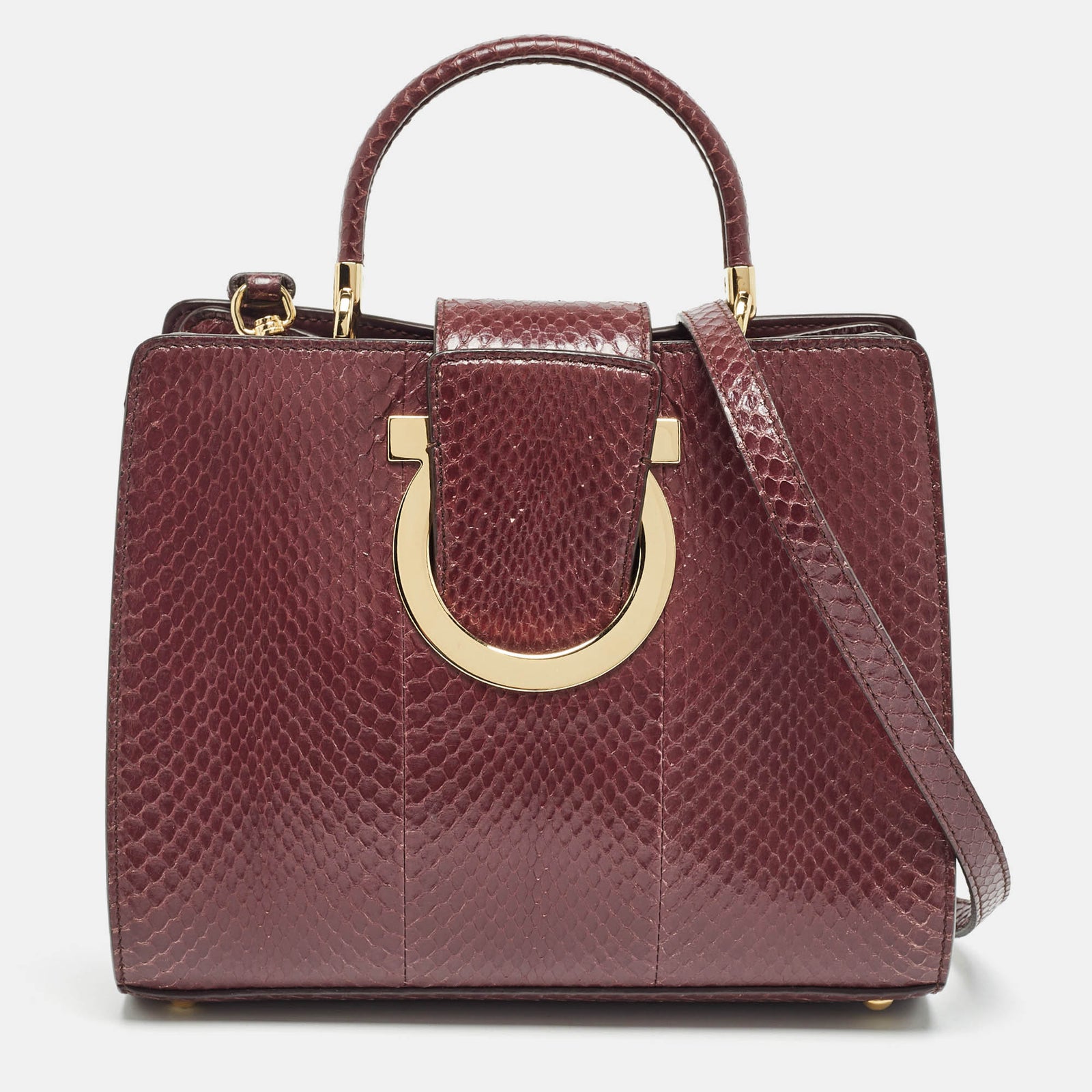 Salvatore Ferragamo Burgundy Snakeskin Thea Top Handle Bag