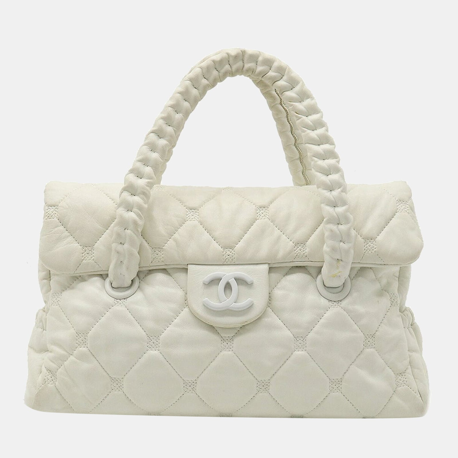 Chanel Weiße CC-Schultertasche aus gewebtem Lammleder