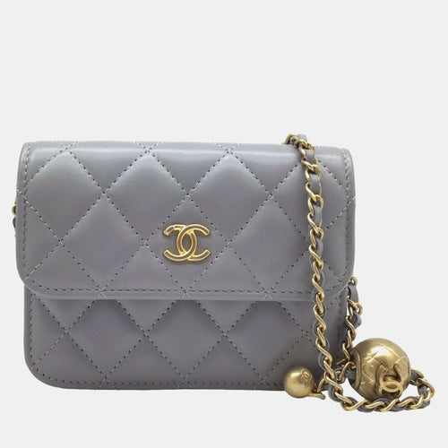 Grey Leather Mini Pearl Crush  CC Wallet on Chain