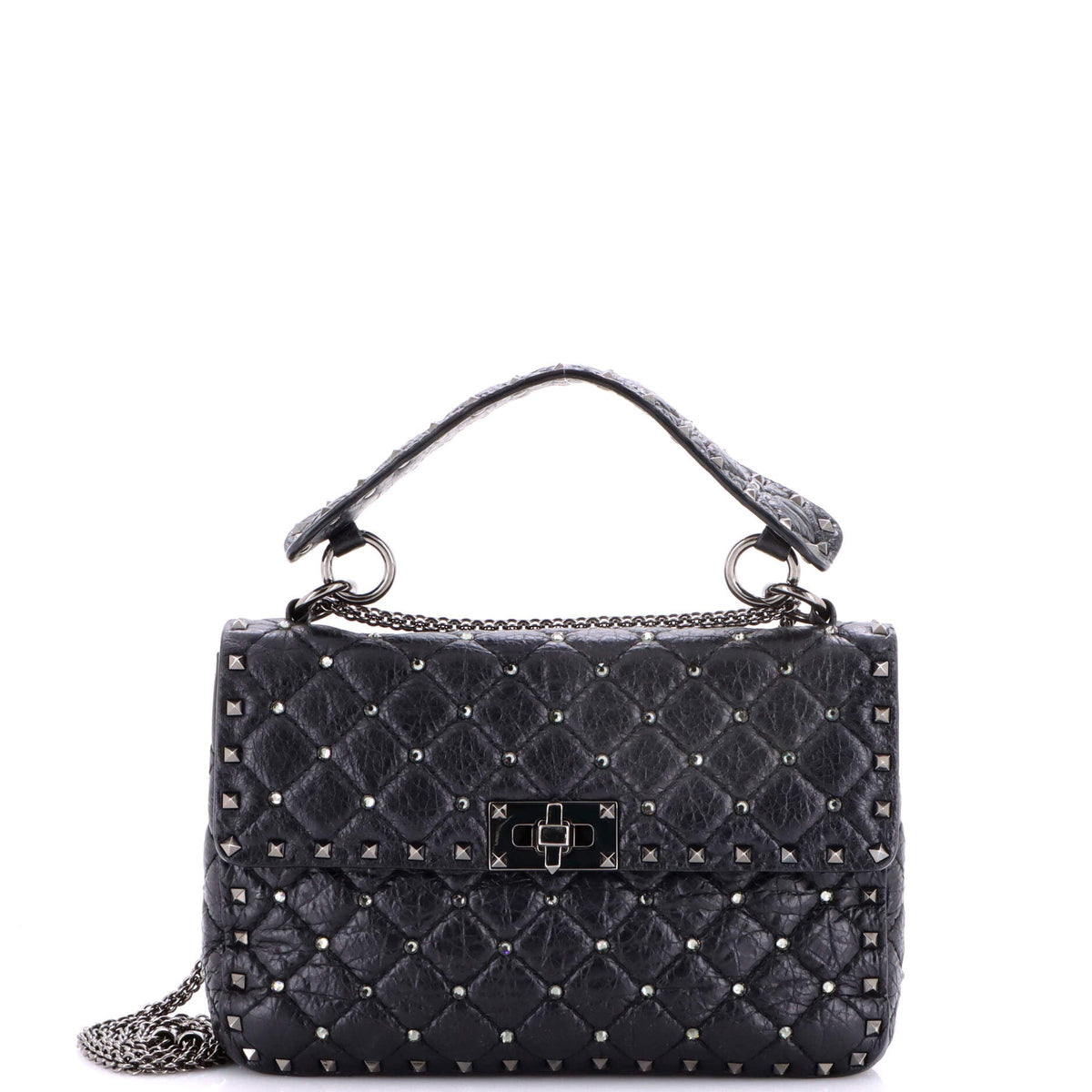 Valentino VALENTINO GARAVANI Rockstud Spike Flap Bag Crystal Embellished Quilted Leather Medium