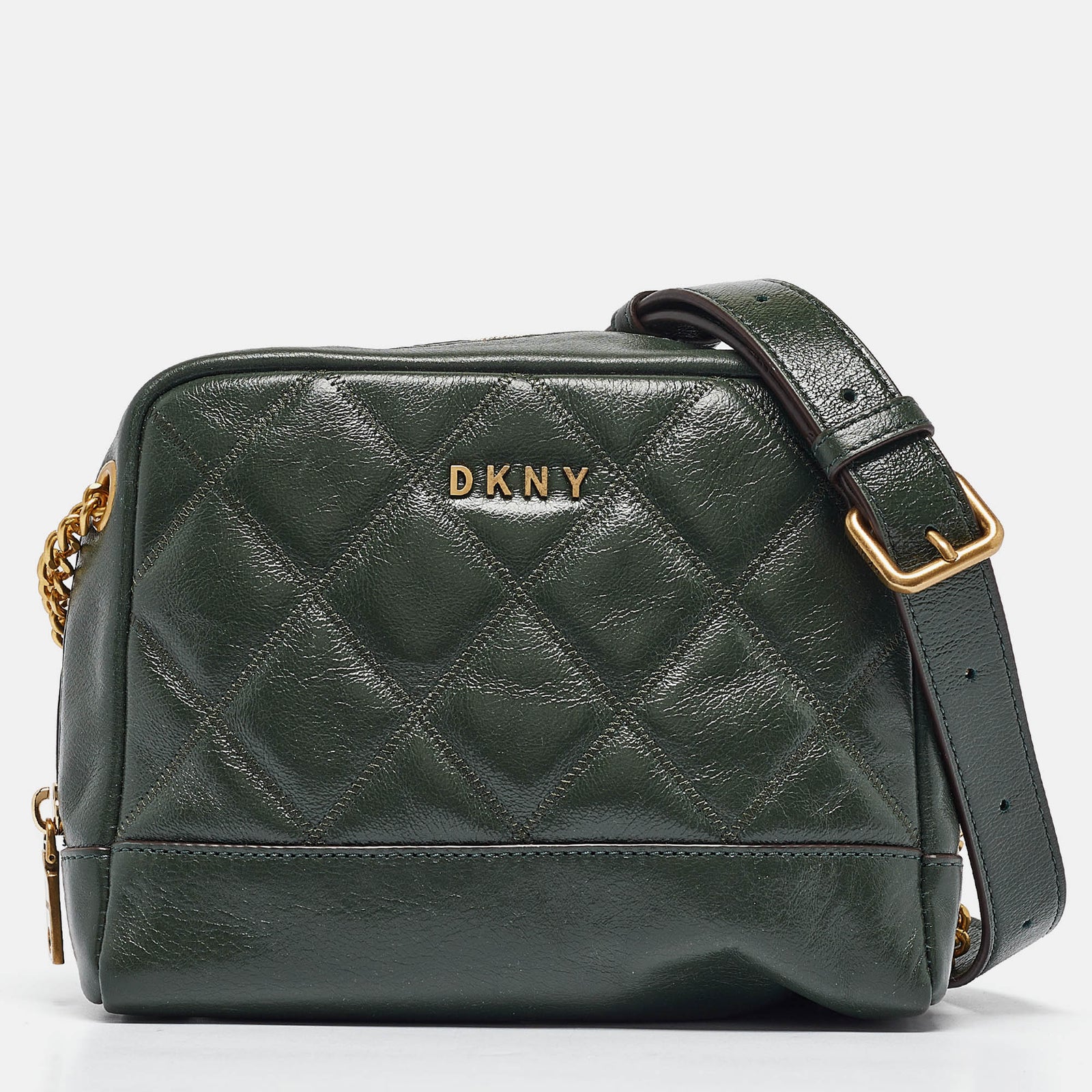 DKNY Green Quilted Glossy Leather Sofia Crossbody Bag