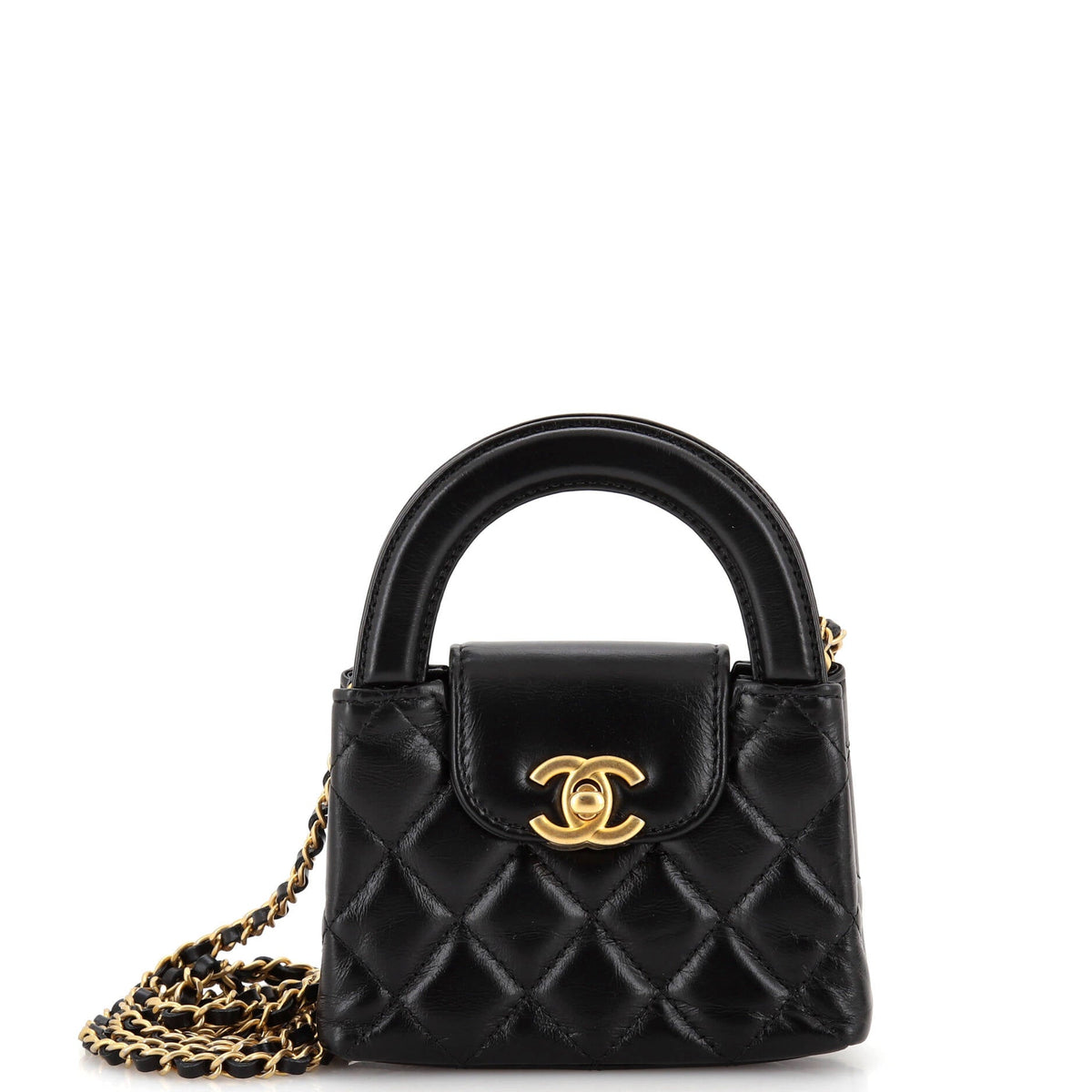 Chanel CHANEL Kelly Top Handle Clutch with Chain Quilted Shiny Aged Calfskin