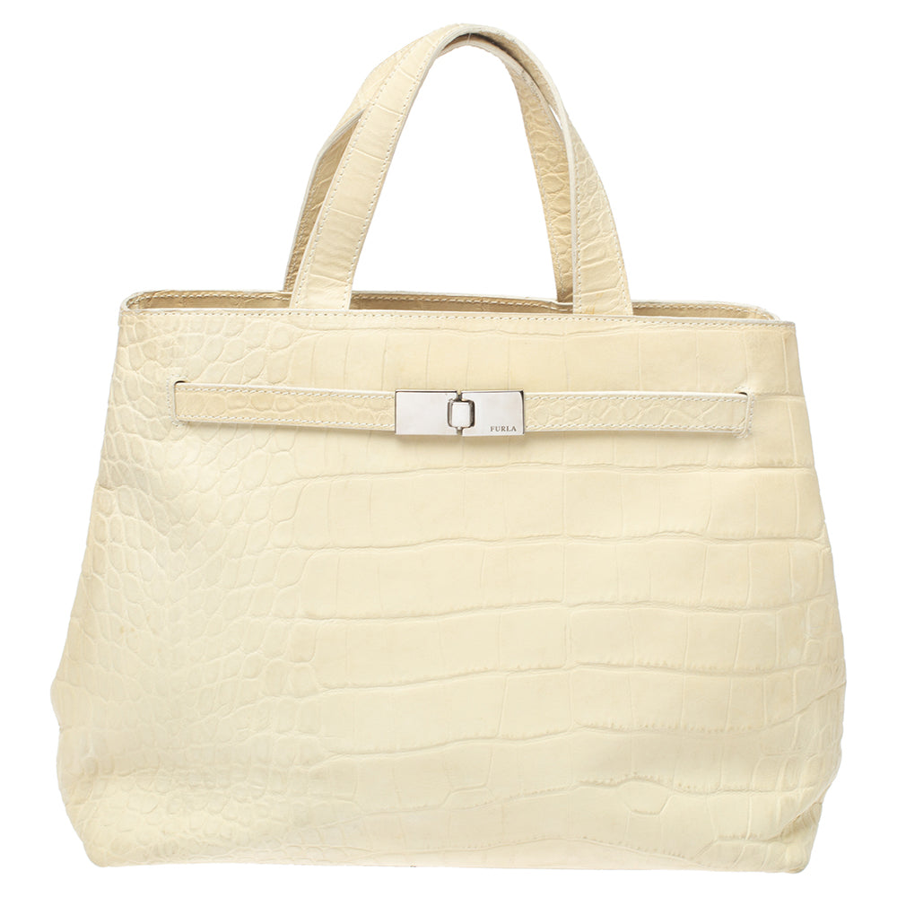 Furla Light Cream Croc Embossed Leather Presslock Tote