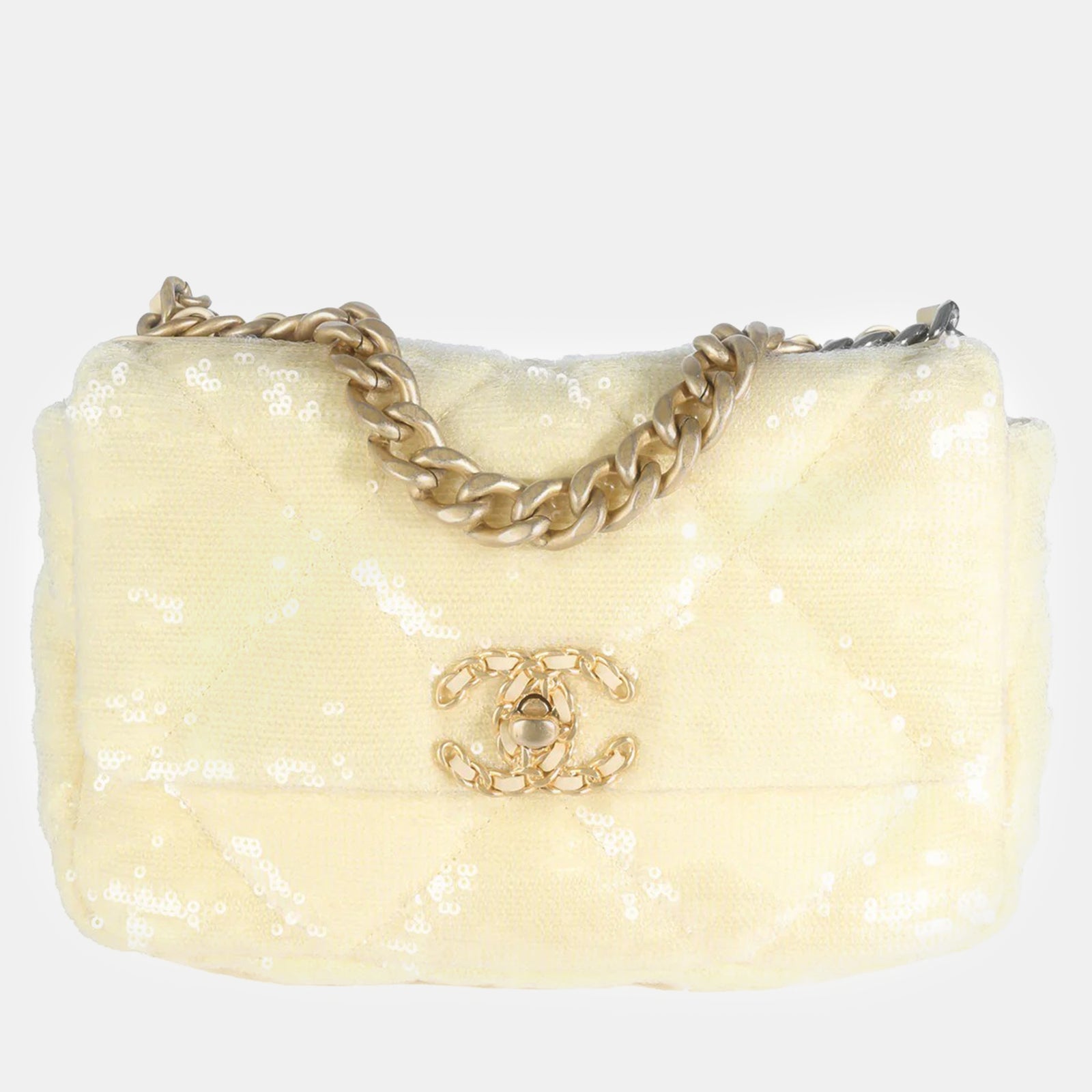 Chanel Light Yellow Quilted Sequin Small 19 Flap Bag