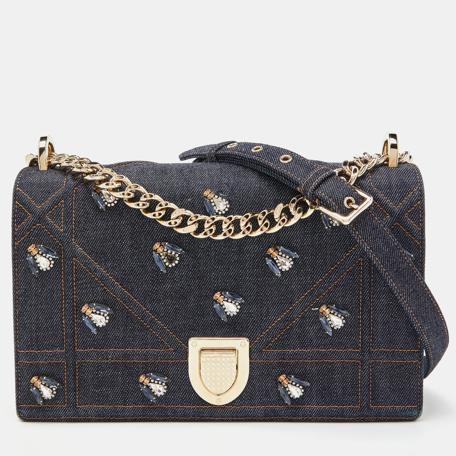 Dior Blue Denim Medium Crystal Embellished Diorama Shoulder Bag