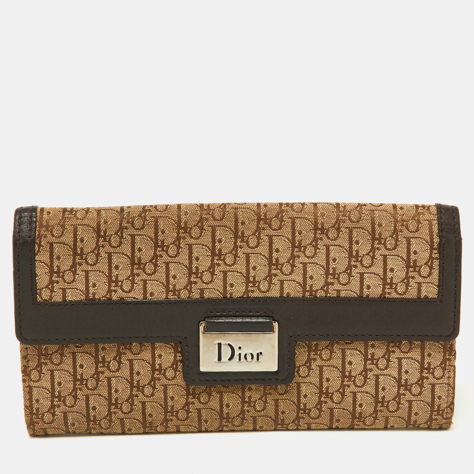 Dior Beige/Brown Oblique Canvas and Leather Flap Continental Wallet