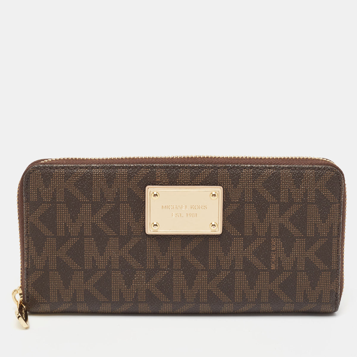 Michael Kors Brown Signature Coated Canvas Logo Zip Around Wallet