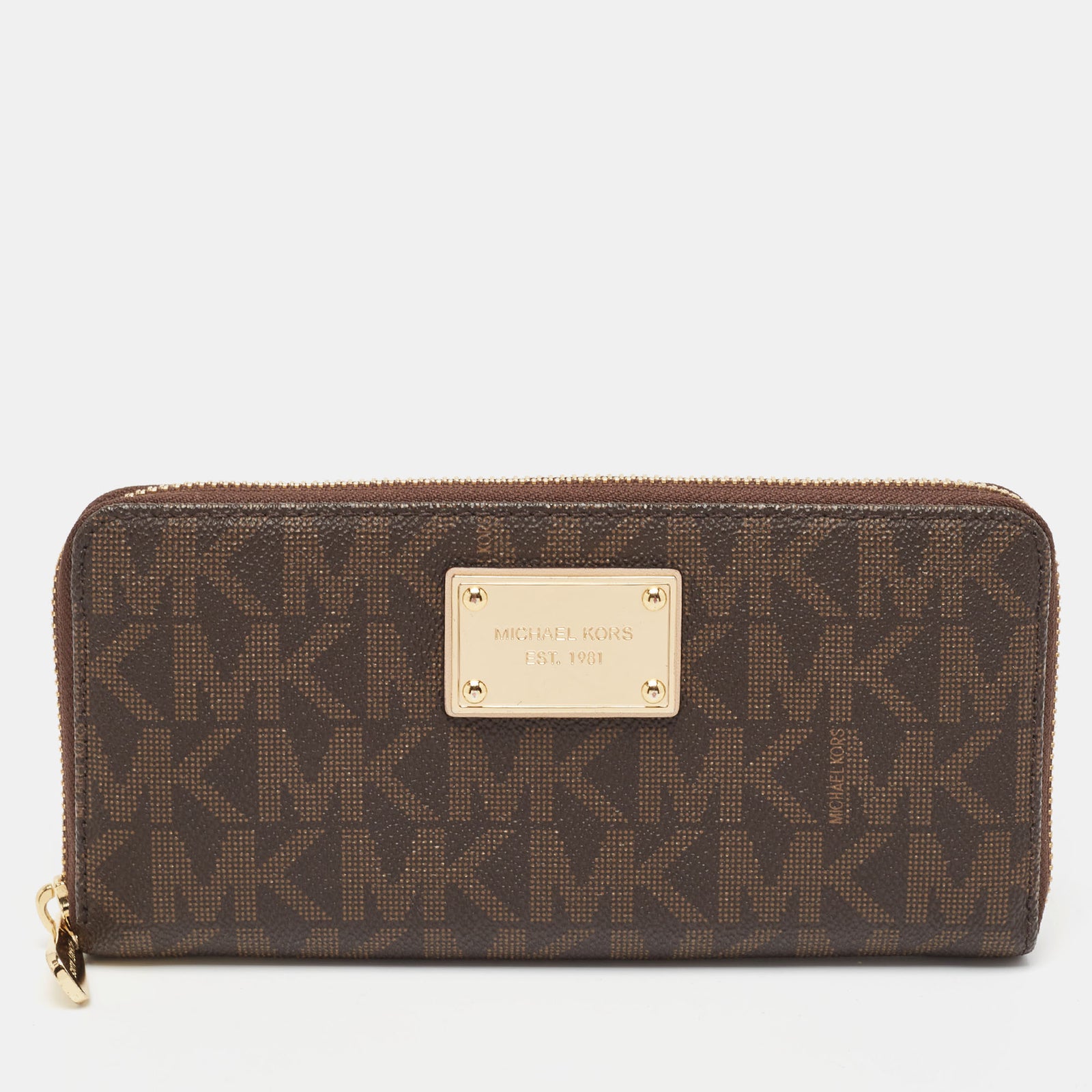 Michael Kors Brown Signature Coated Canvas Logo Zip Around Wallet