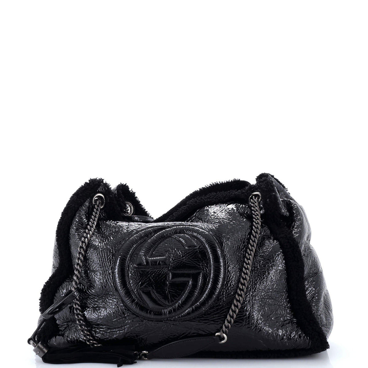 Gucci GUCCI Soho Chain Strap Shoulder Bag Patent and Shearling Large