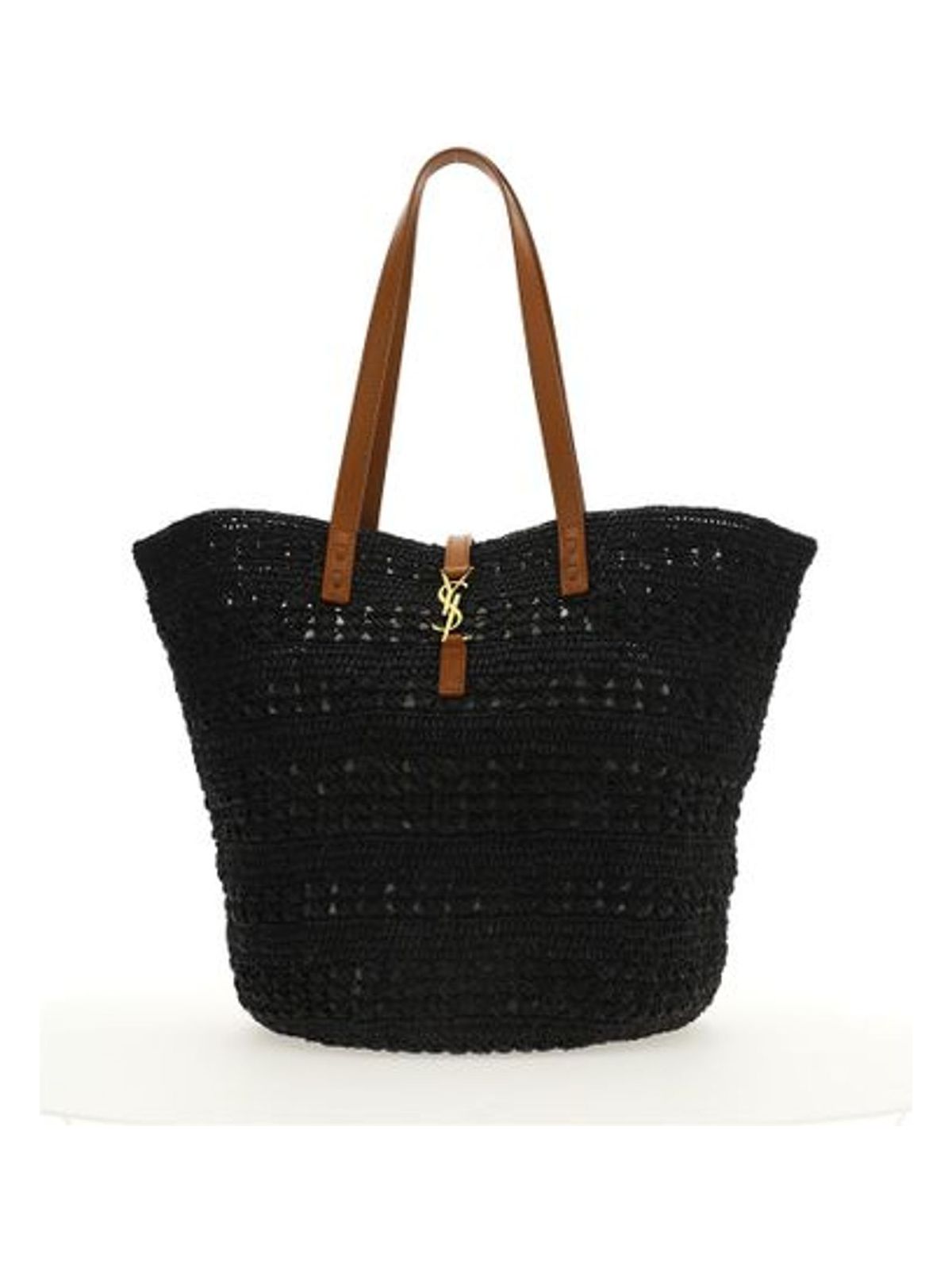 Saint Laurent Women's Raffia Tote Bag With Monogram in Black | 688221GAAAC