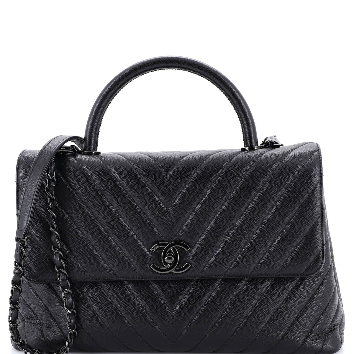 Chanel CHANEL So Black Coco Top Handle Bag Chevron Caviar Medium