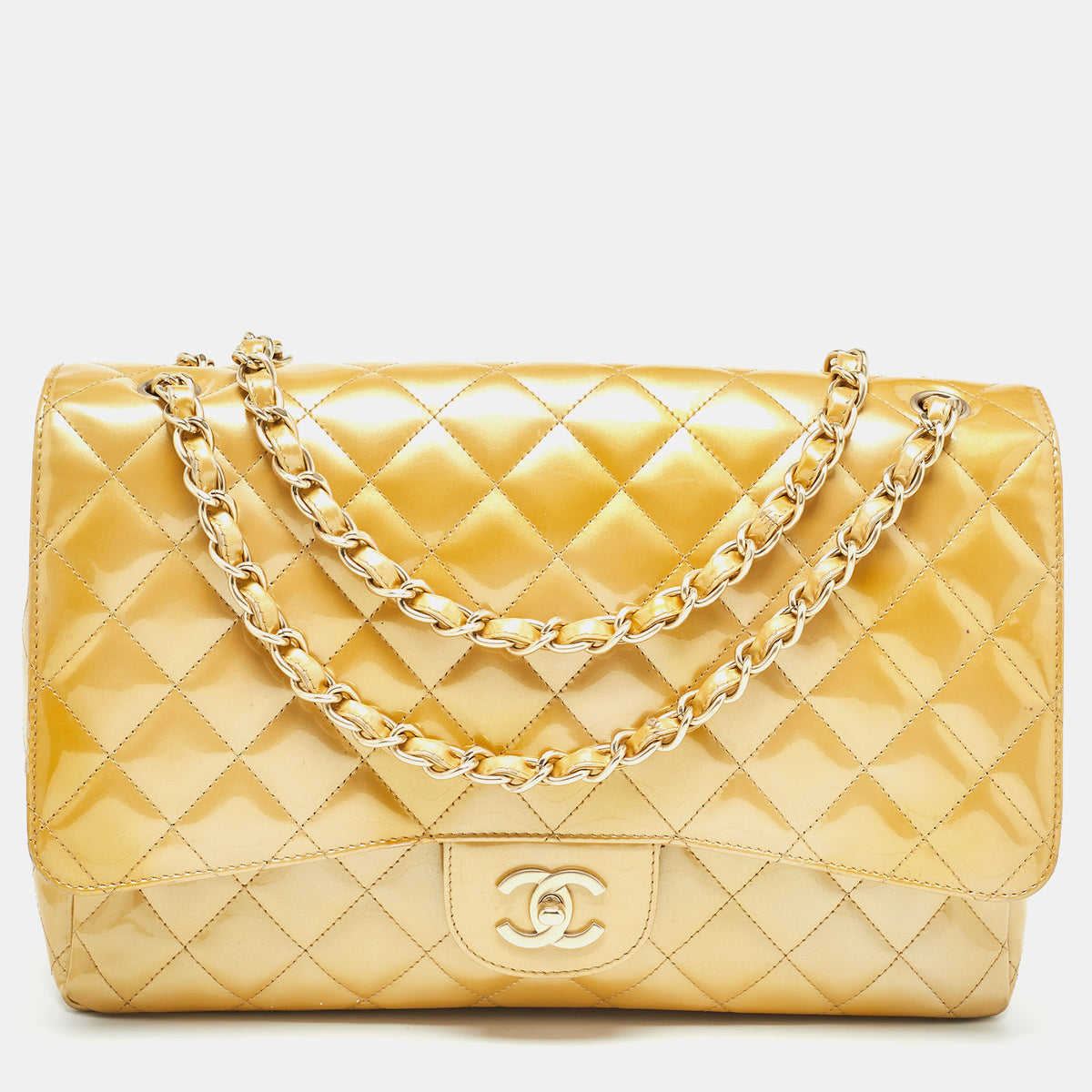 Chanel Gold Quilted Patent Leather Maxi Classic Single Flap Bag