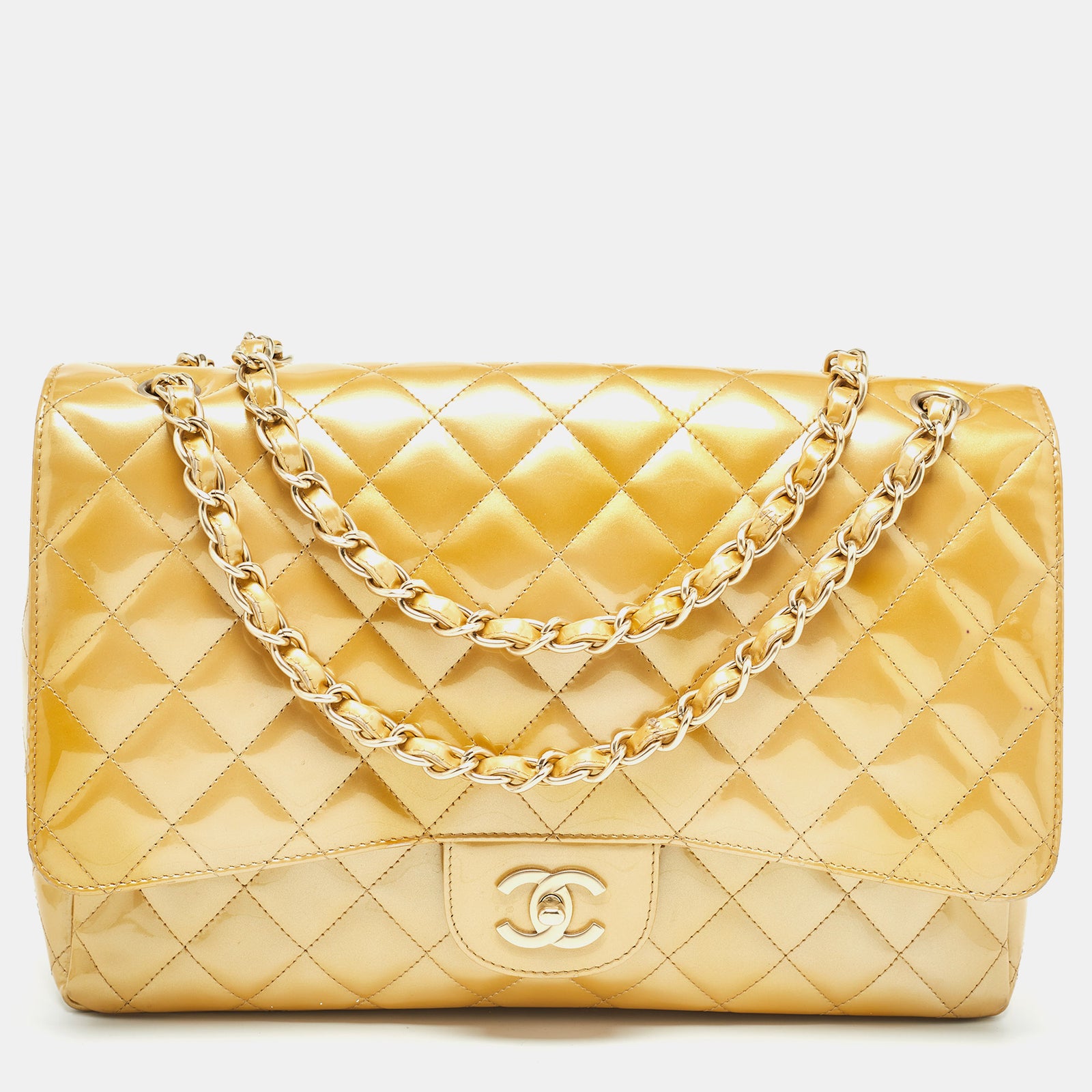 Chanel Sac à rabat classique maxi en cuir verni matelassé doré