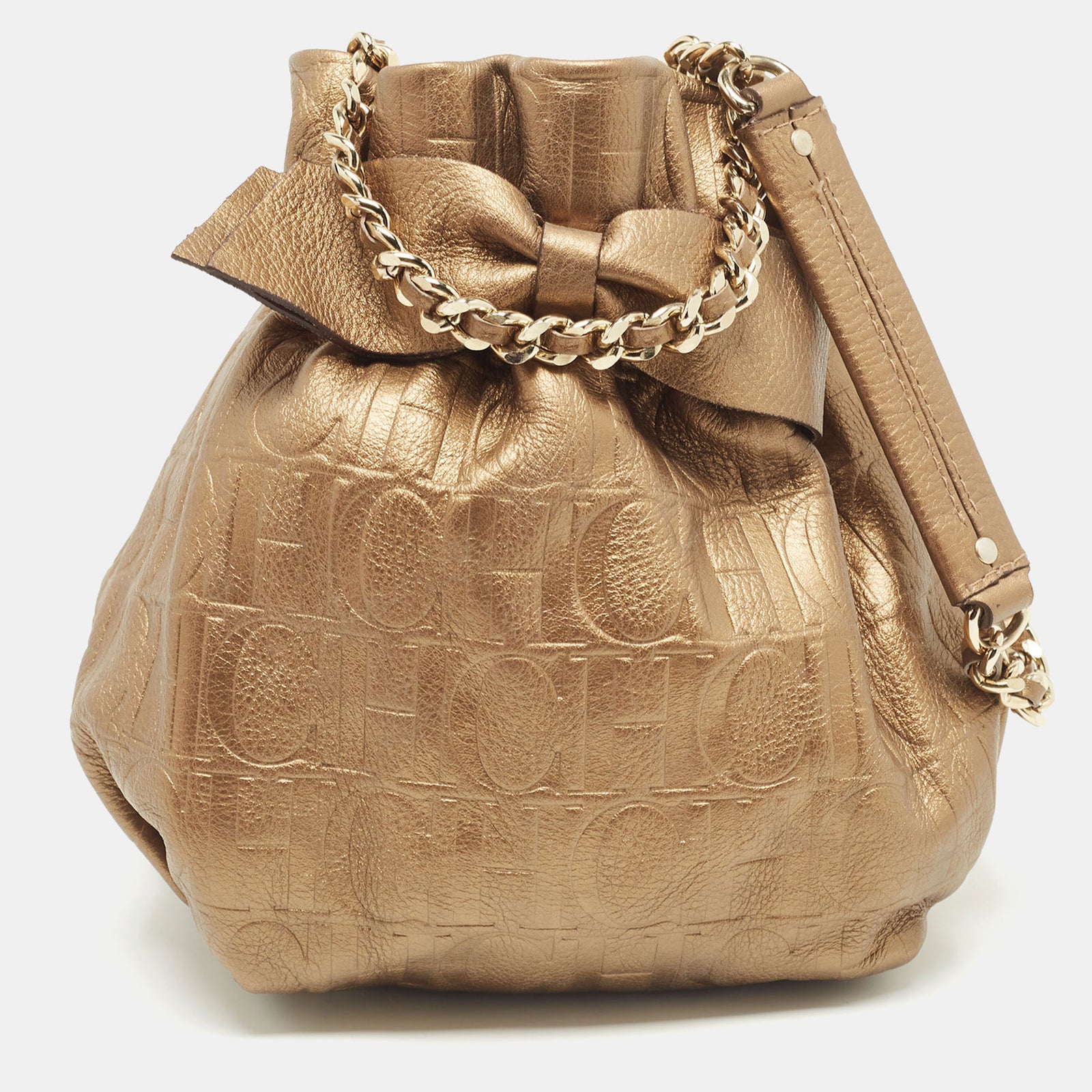 Carolina Herrera Gold Monogram Embossed Leather Bow Bucket Bag