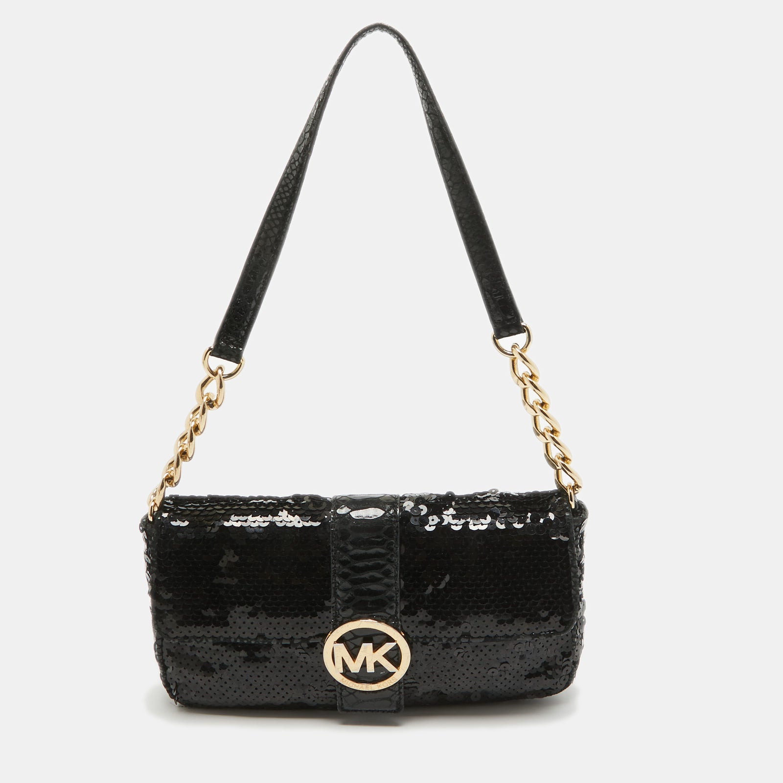 Michael Kors Black Python Embossed and Sequins Logo Flap Shoulder Bag