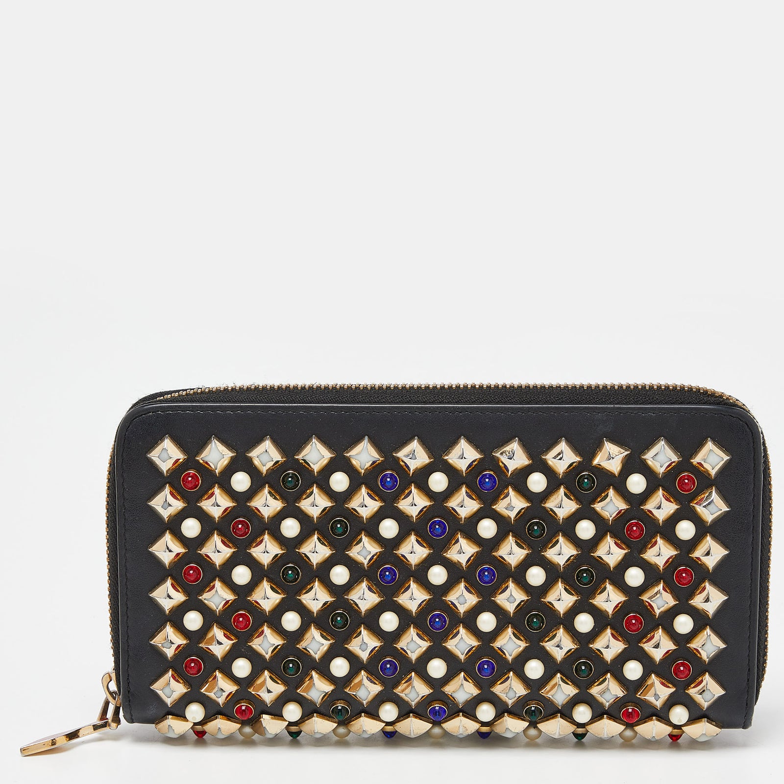 Christian Louboutin Black Leather Spikes Panettone Zip Around Wallet