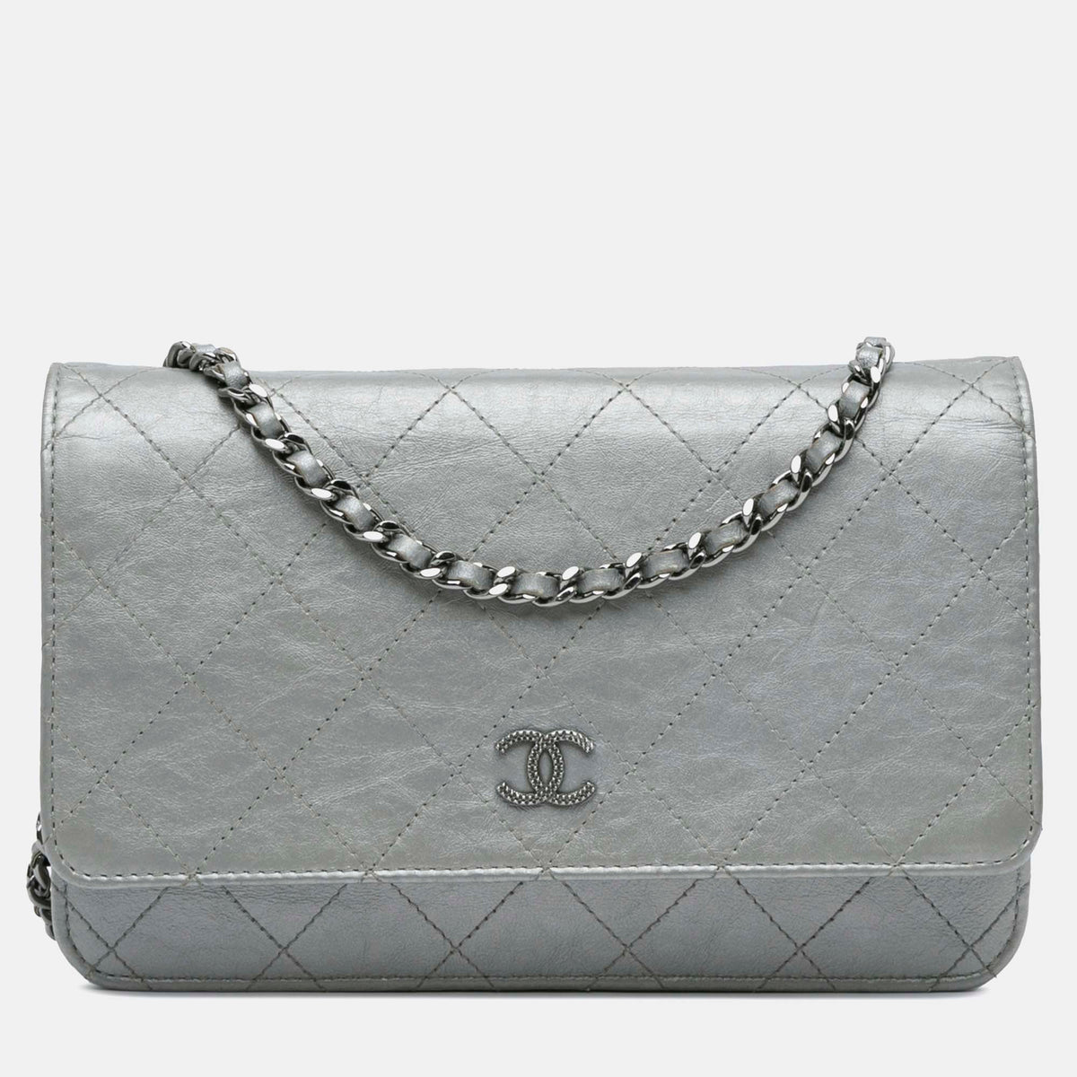 Chanel Silver Quilted Aged Calfskin Leather Wallet On Chain