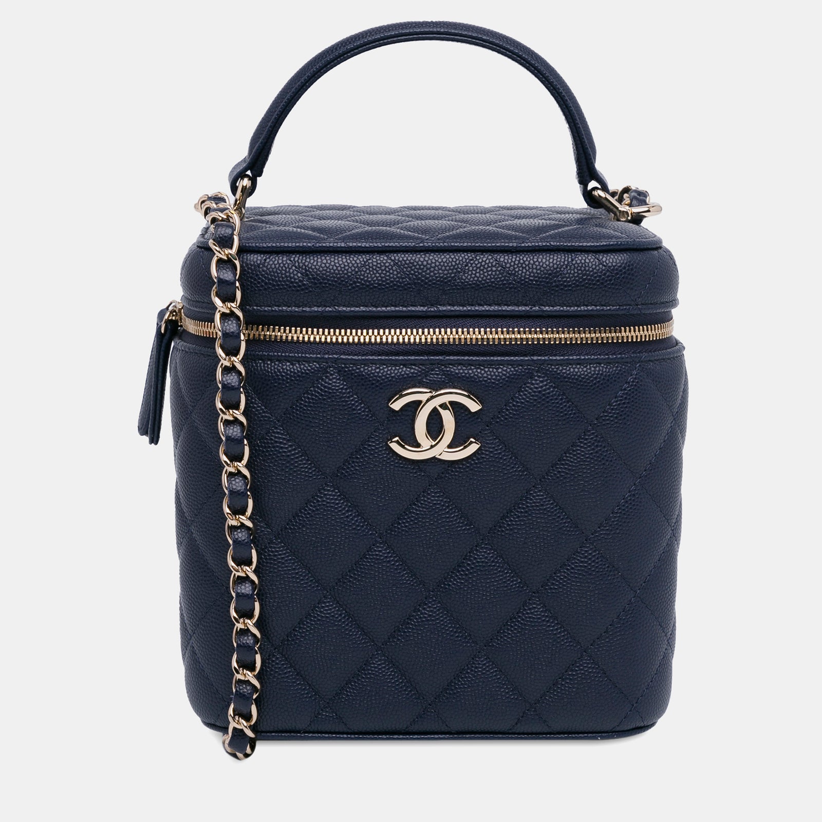 Chanel Blue Caviar Leather CC Quilted Top Handle Vanity Case Shoulder Bag