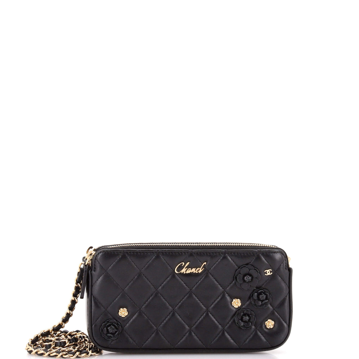 Chanel CHANEL Camellia Charms Double Zip Clutch with Chain Quilted Lambskin
