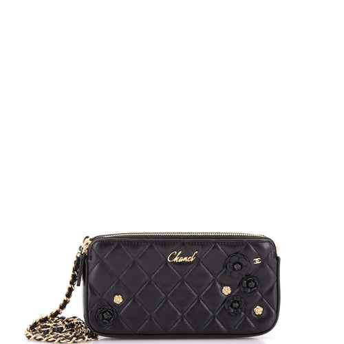CHANEL Camellia Charms Double Zip Clutch with Chain Quilted Lambskin