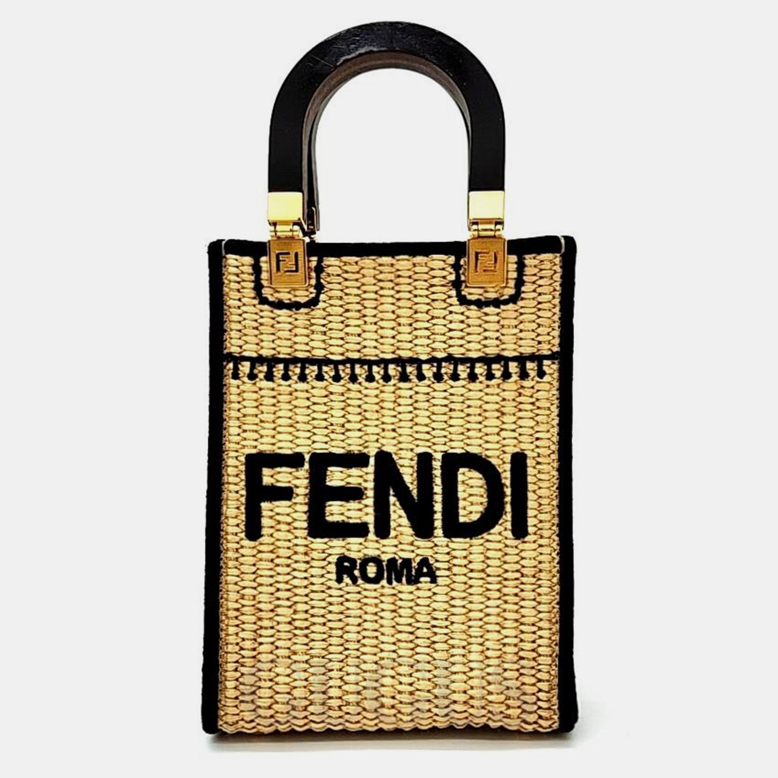 Fendi Black & Neutrals Raffia Mini Raffia Sunshine Shopper Bucket Bag