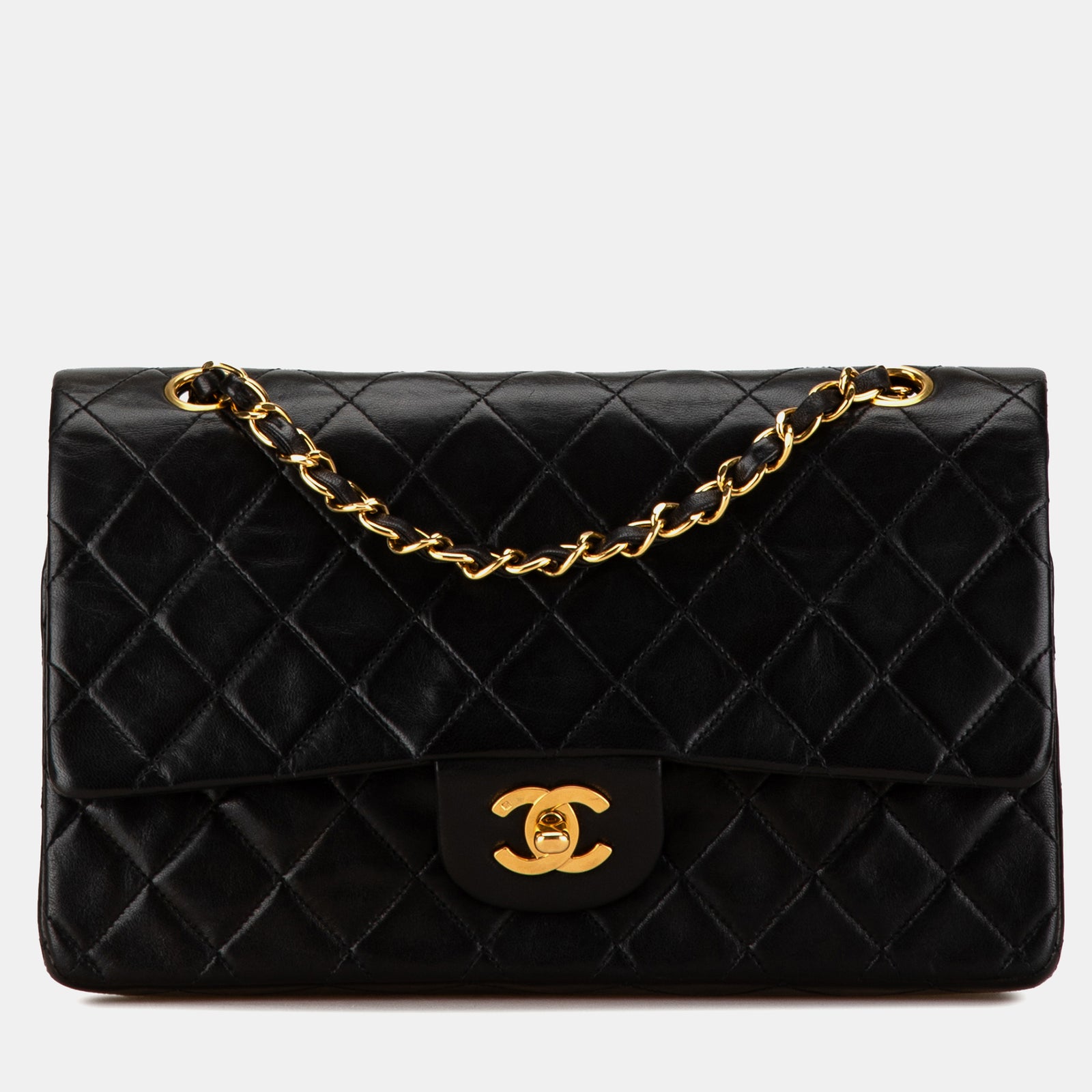 Chanel Mittelgroße klassische Tasche mit Doppelklappe aus schwarzem Lammleder