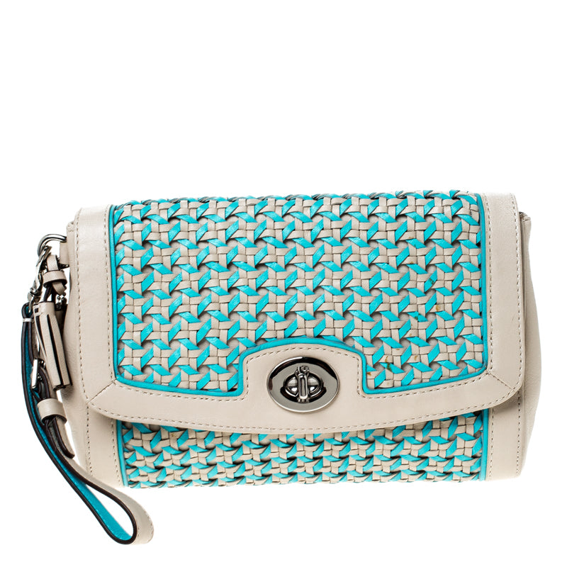 Coach Beige/Blue Caning Leather Flap Wristlet Clutch