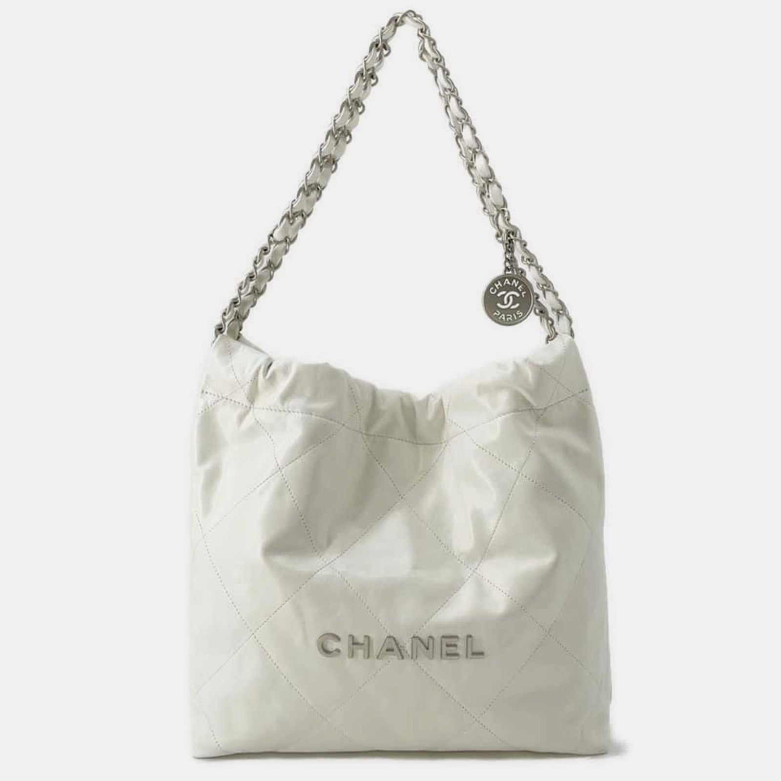 Chanel Chanel22 Handtasche aus glänzendem Kalbsleder in Weiß, Größe S