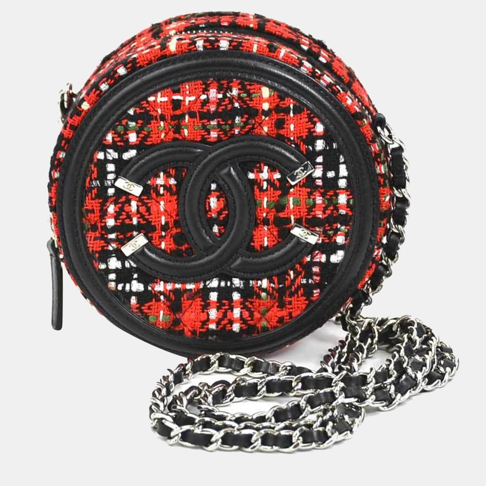 Chanel Black/Red Leather Tweed Mini Filigree Chain Shoulder Bag