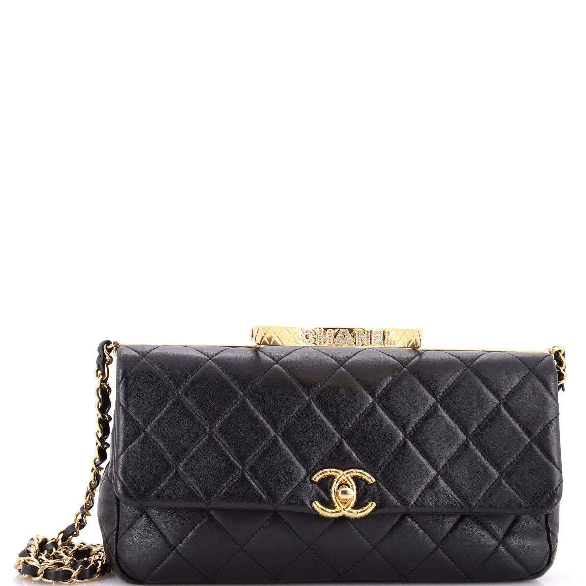Chanel CHANEL Logo Quilted Metal Top Handle Flap Bag Quilted Lambskin with Metal and Crystals East West