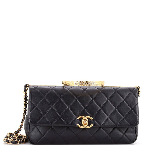 CHANEL Logo Quilted Metal Top Handle Flap Bag Quilted Lambskin with Metal and Crystals East West