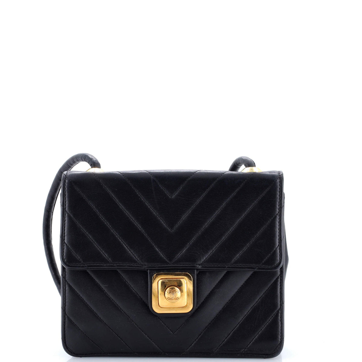 Chanel CHANEL Vintage Push Lock Flap Bag Chevron Lambskin Small