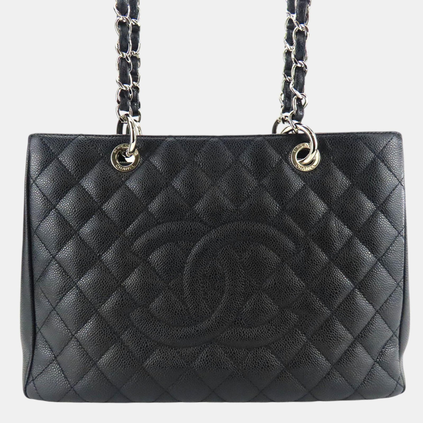 Chanel Schwarze Caviar Skin GST Matelasse-Kette Coco Mark Tragetasche