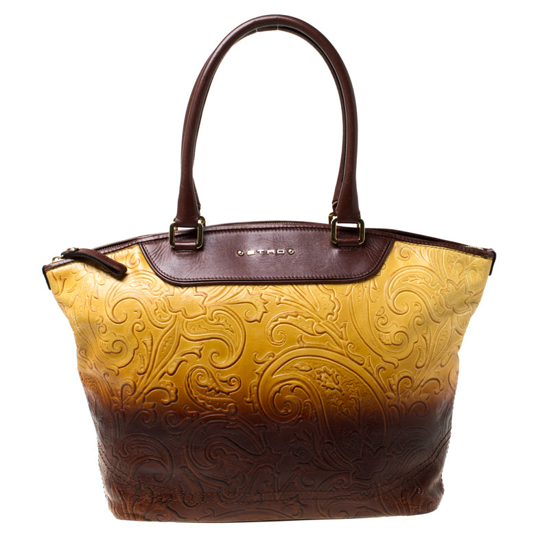 Yellow/Brown Ombre Paisley Embossed Leather Zip Tote